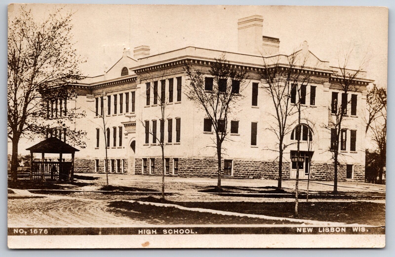 New Lisbon Wisconsin~High School Building~Belfry Gone~Gazebo~1909 RPPC