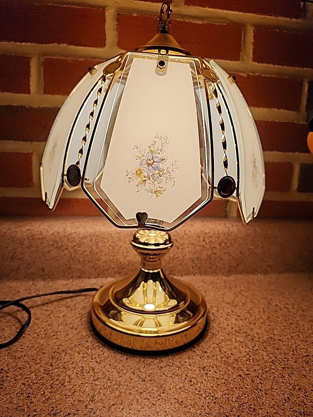 American Lighting 3-Way Dimmable Touch Lamp Vtg Floral Glass Paneled Brass