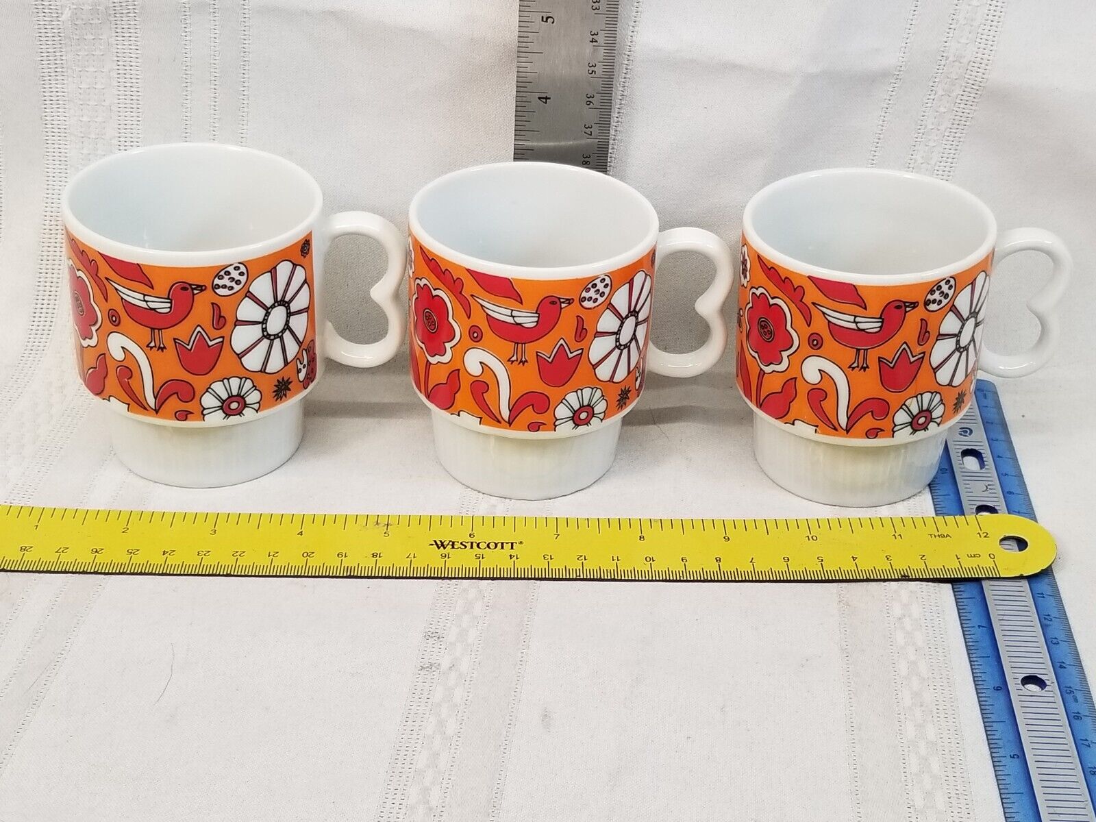 3 Stylecraft MCM Flower Birds Japan Stacking Coffee Mugs Cups Orange Red