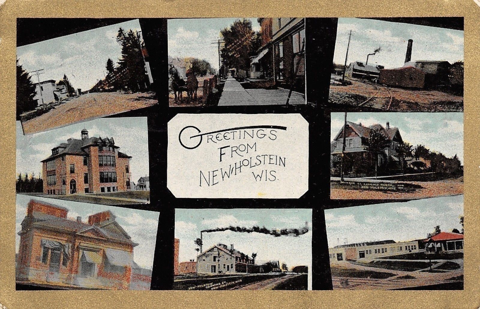 New Holstein Wisconsin~Mini Views~Main Street~Canning Co~Depot~Gold Border~1910