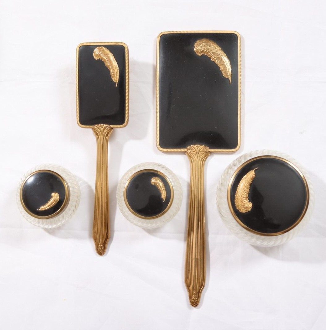 Vintage Black Gold Color Hand Mirror, Brush, and Jars Vanity Set Engagement Gift