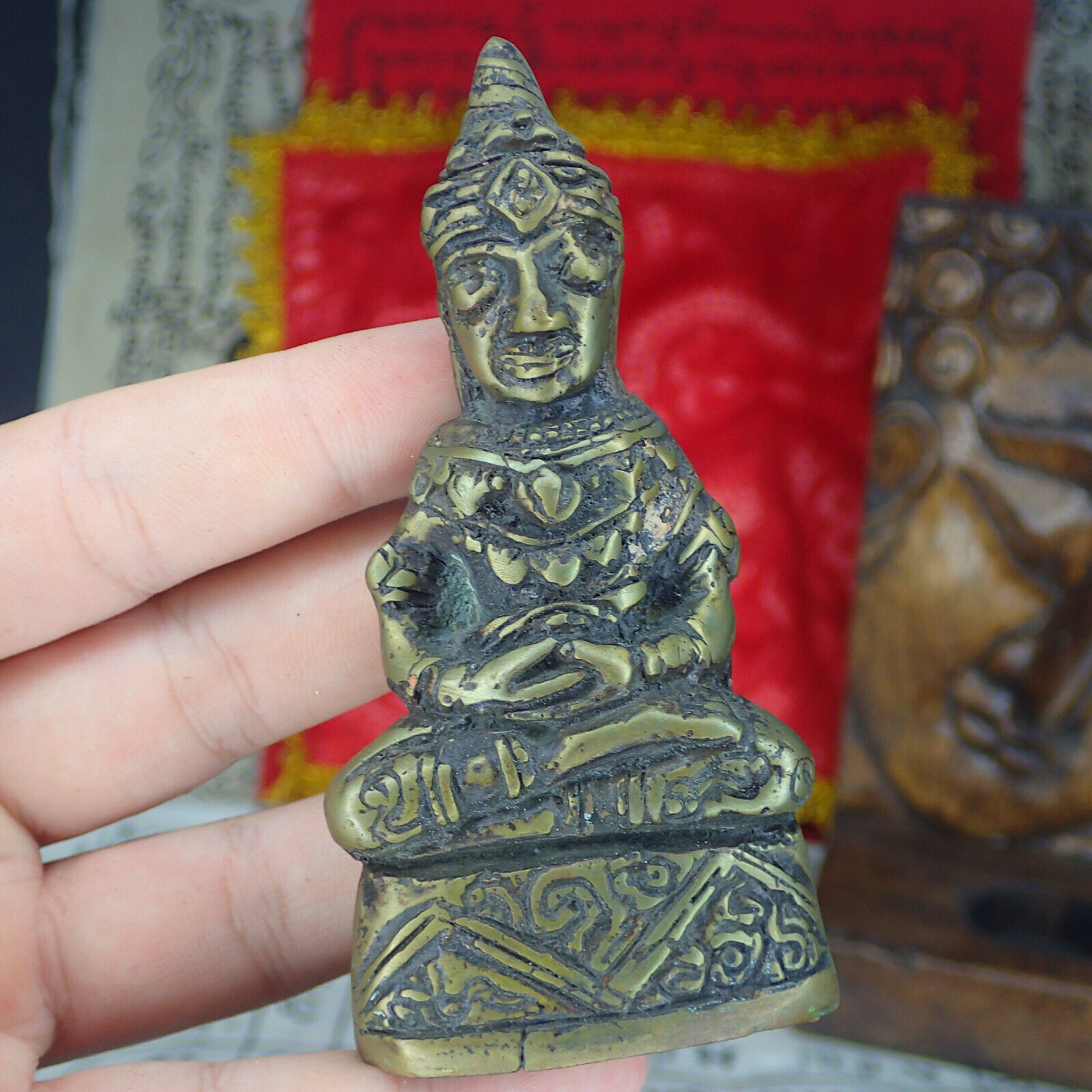 Buddha Statue Thai amulet Charm Talisman Rare Phra Chai Ngang Buddhism Vintage
