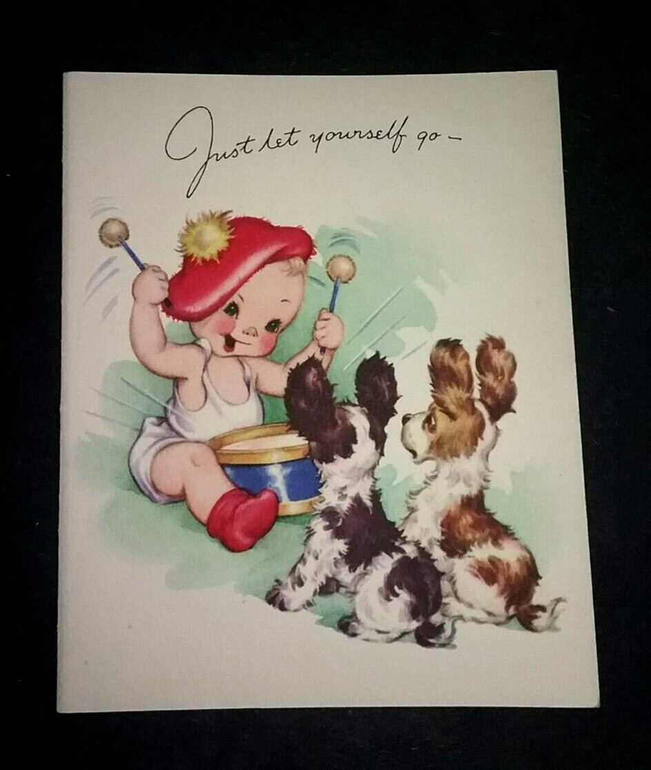 Vtg ©1948 Charles Christian Culp Christmas card Small Stuff baby + dogs, unused