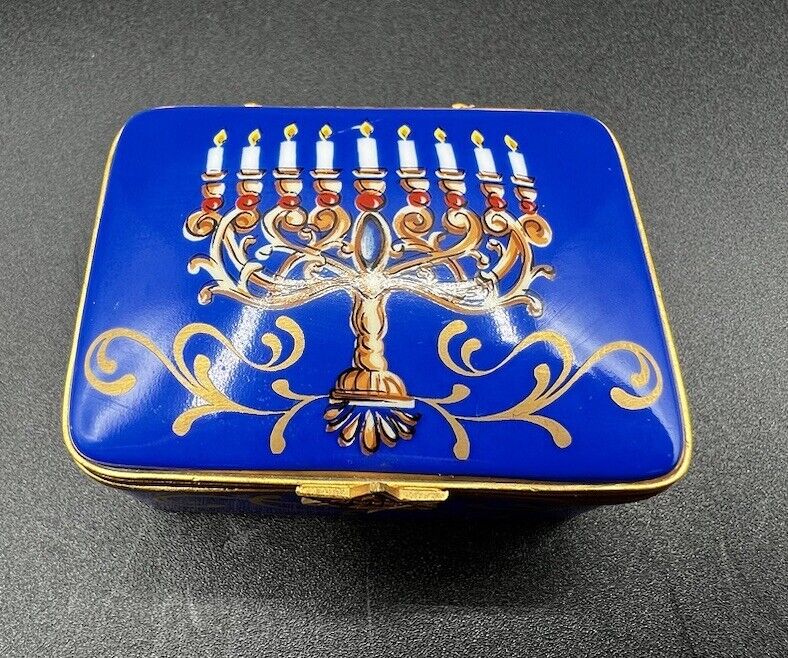 Limoges France for Bloomingdale’s Menorah Hanukkah Porcelain Blue Trinket Box