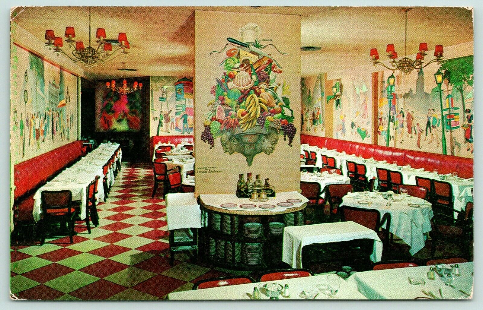 New York City~La Potiniere French Restaurant~Beautiful Murals in Dining Room~50s