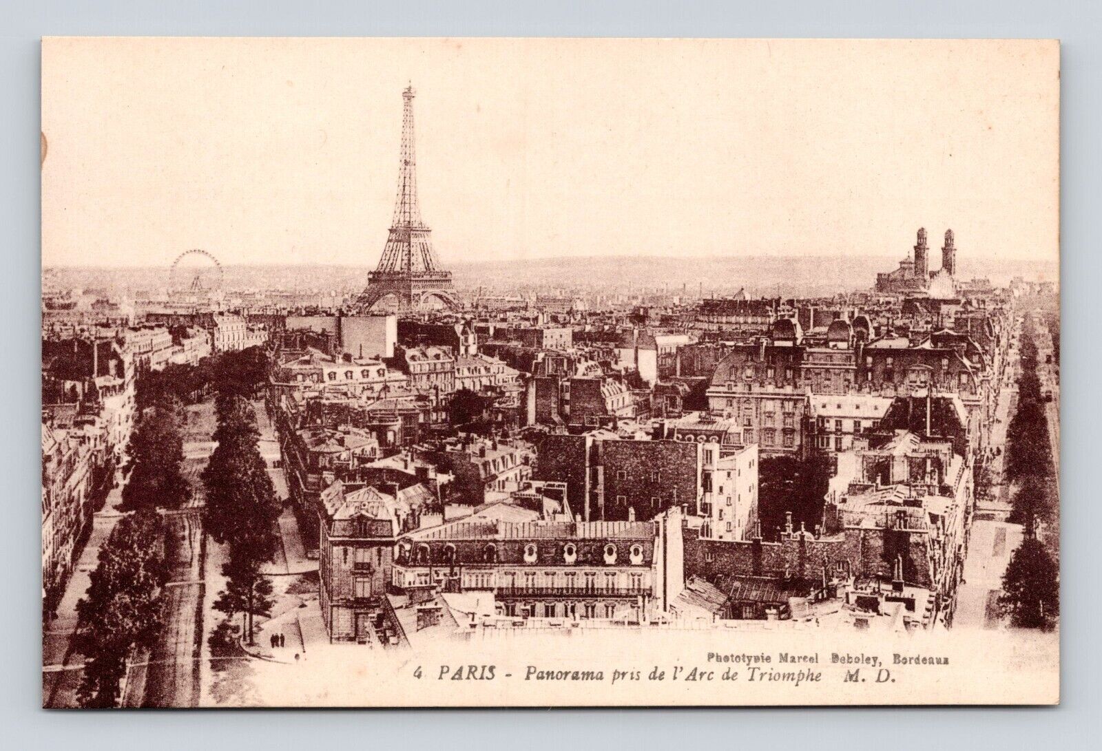 Antique Postcard Panorama Arc De Triomphe Paris Ferris Eiffel Tower