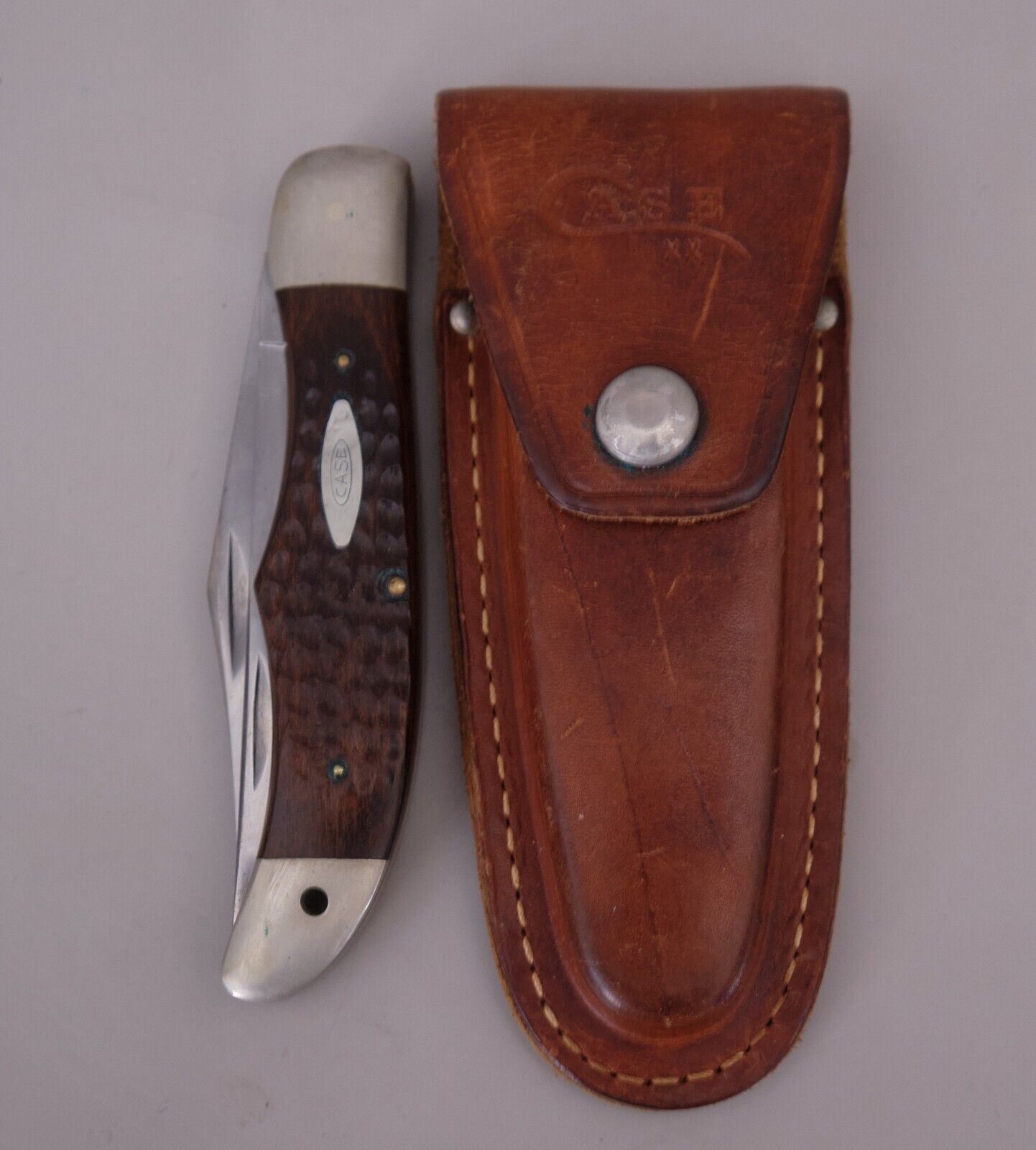 Vintage Case XX 7 Dot 6265 SAB Blade Folding Knife w/ Leather Sheath 80s