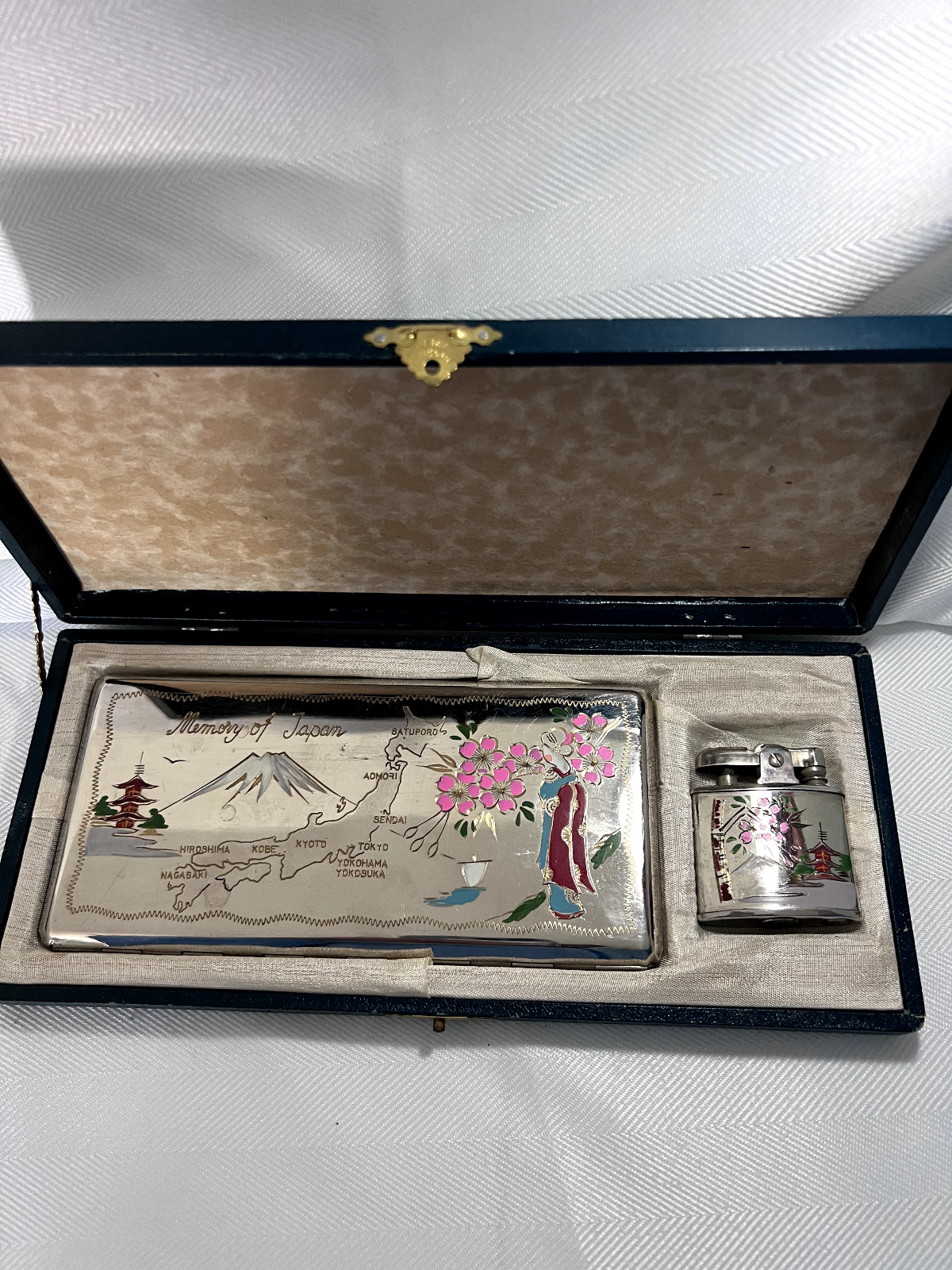 Late 40s Japanese Cigarette Case & Lighter Silvertone In Orig Box
