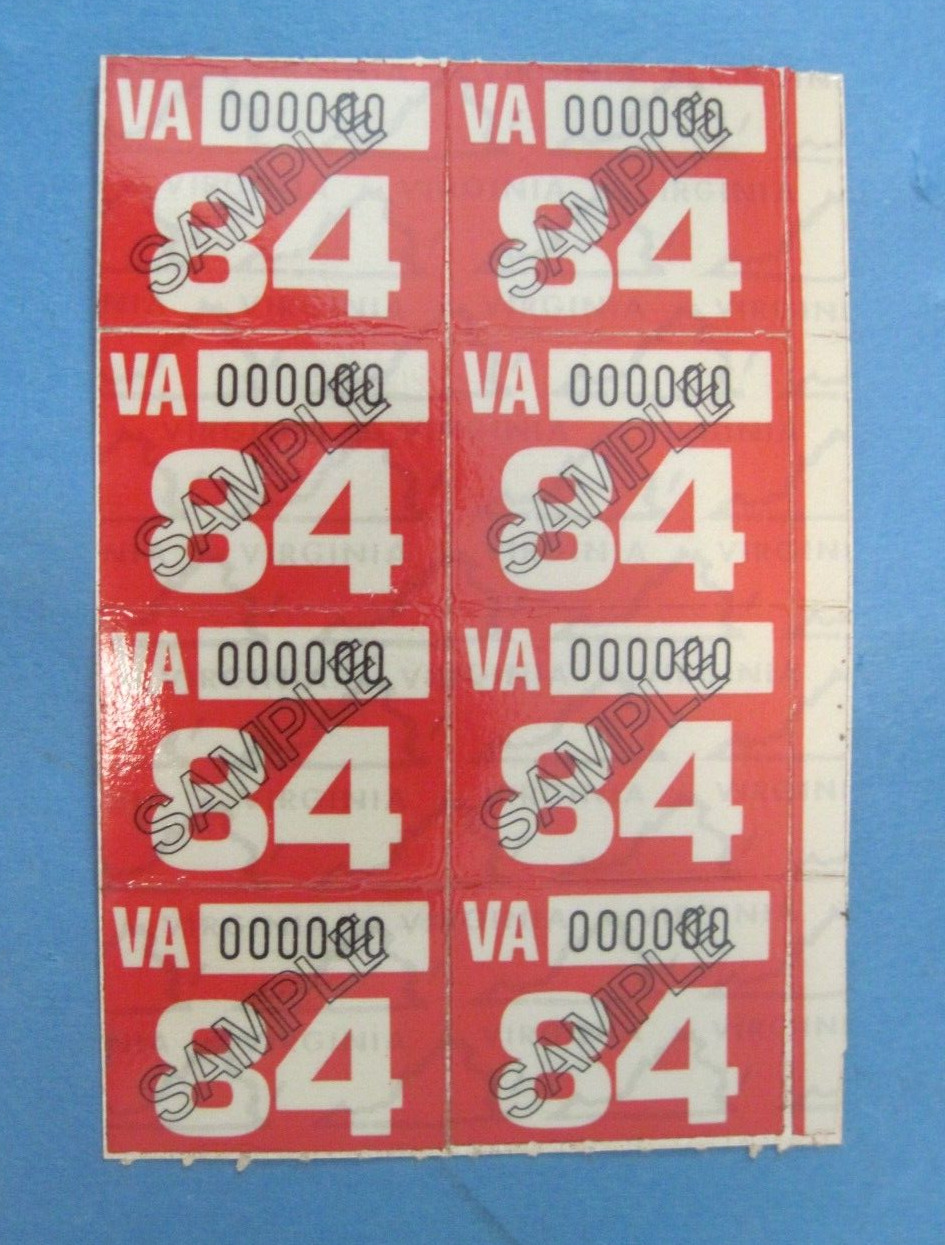 pair of 2 1984 Virginia license plate date stickers never used SAMPLE