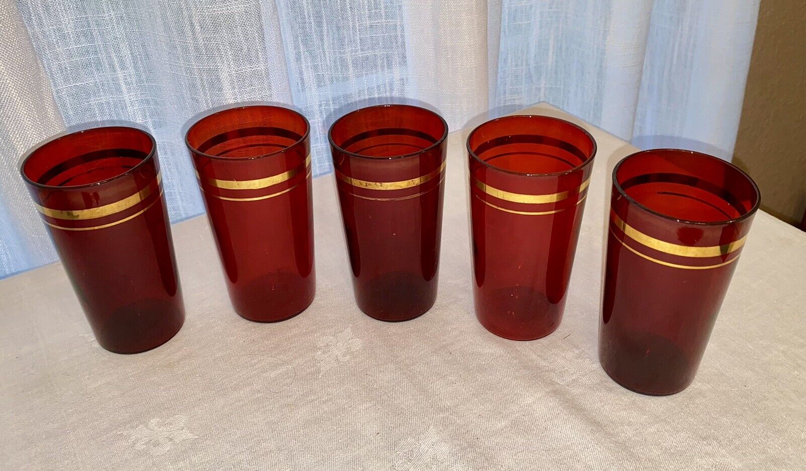 Set of 4 Vintage 1930s Ruby Red Glass Drink Tumblers Gold Band