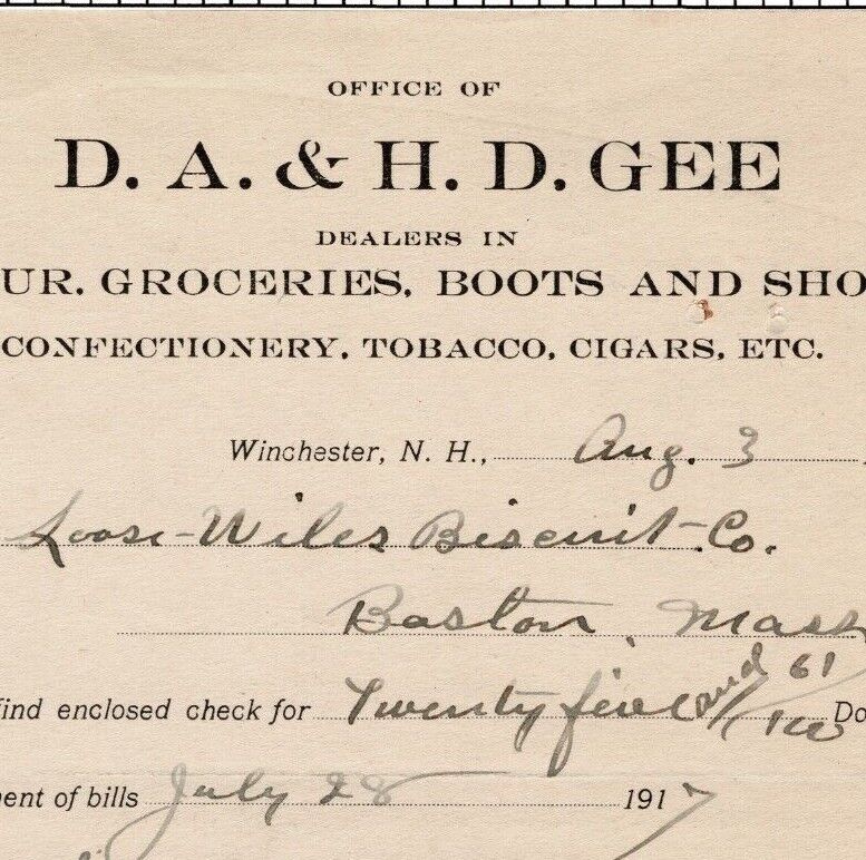 1917 D A & H D Gee Letterhead Billhead General Store Winchester New Hampshire 