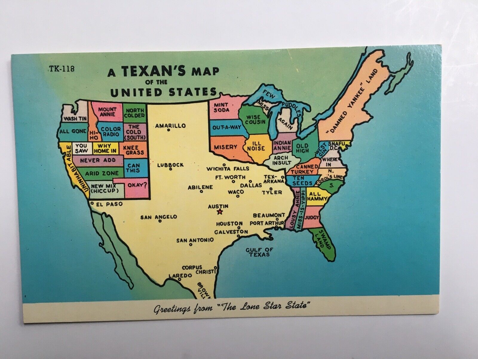 A Texan’s Map of the USA, TEXAS Map Vintage Chrome Postcard