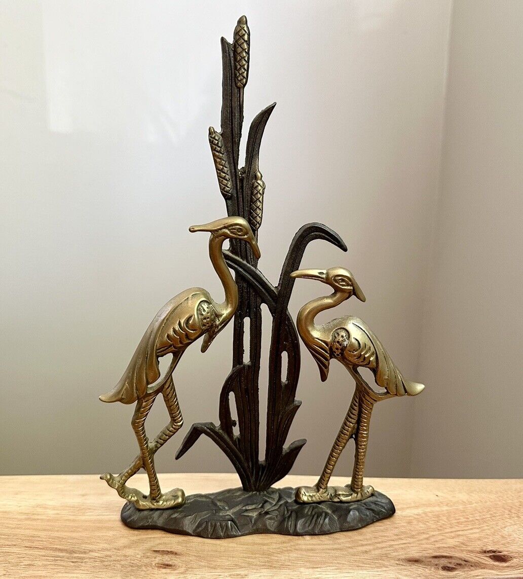 Vintage Brass MCM Heron Crane Birds Figurine Statuette 10 1/2” Tall