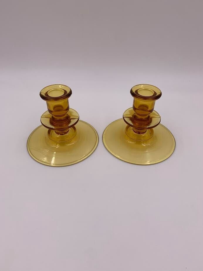 VNTG  1970s Indiana Amber glass Candlestick Holders (pair)