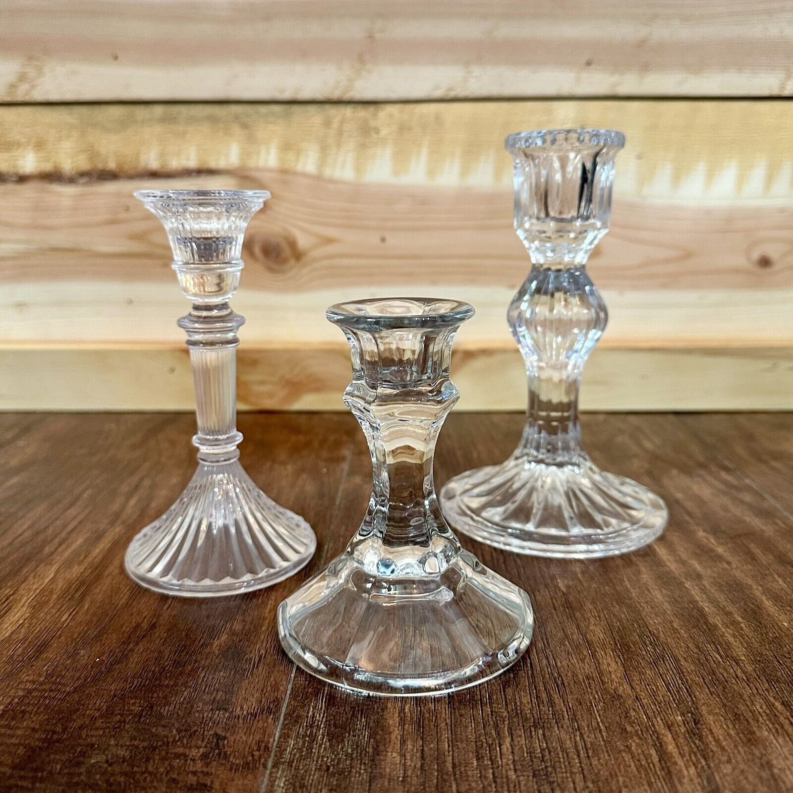 Vintage Crystal Glass Candlestick Holders Set of 3