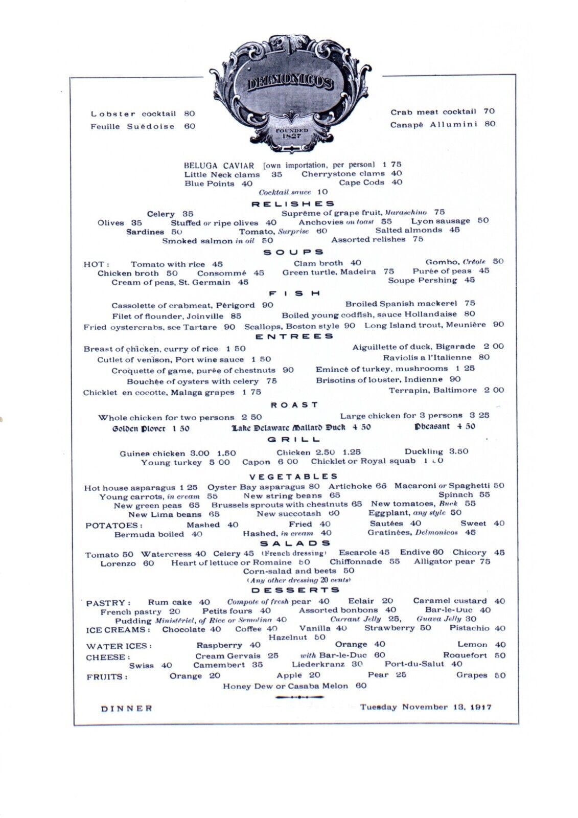 1917 DELMONICOS  MENU 8.5X11 GLOSSY REPRINT VINTAGE STYLE