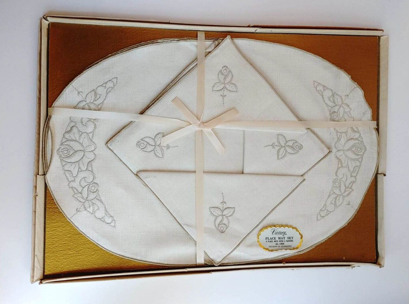 Vintage Pure Linen Embroidered Placemats and Napkins NOS 8 Piece by Victory