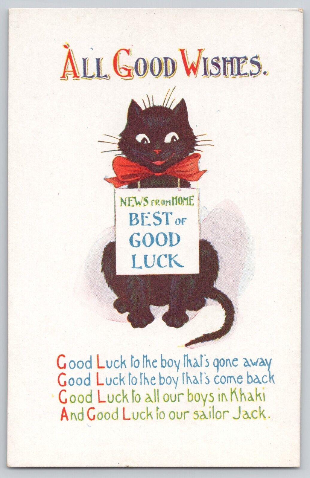 c1910s Black Cat Postcard Good Luck to Our Boys Away Regent Publishing London
