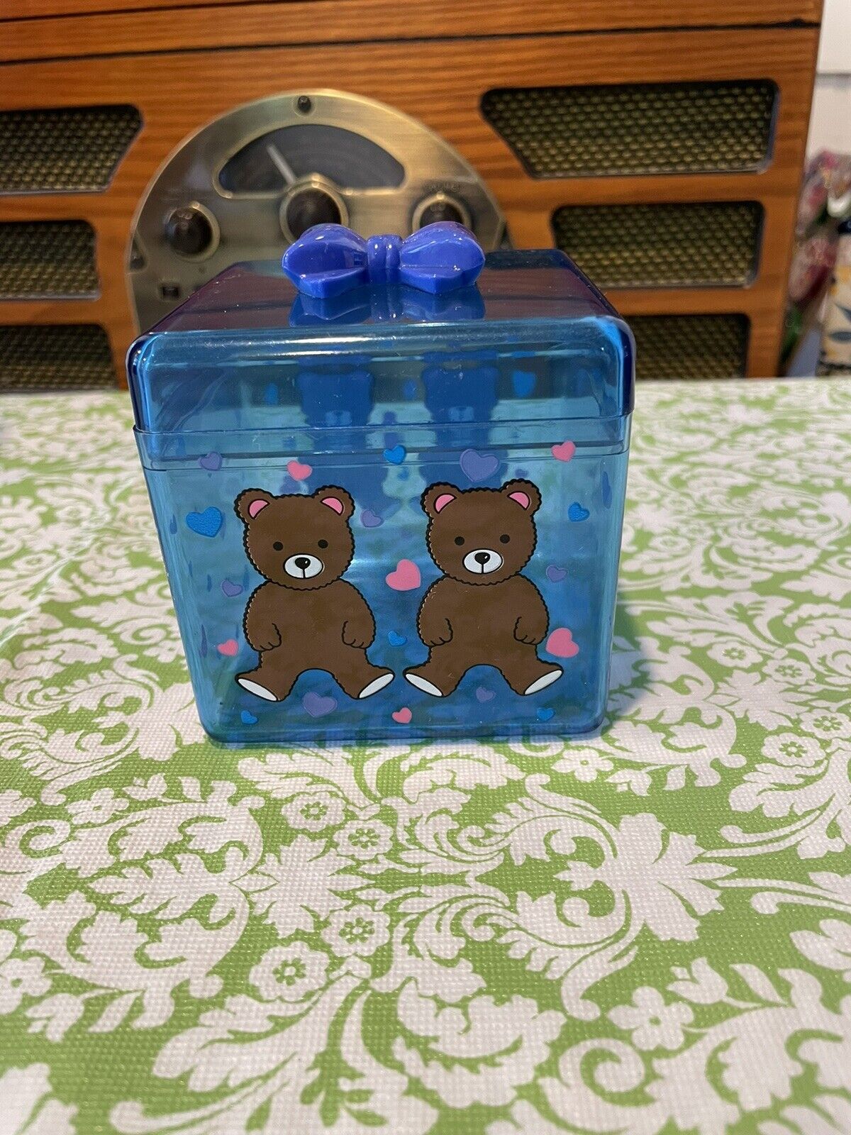Vintage Sanrio Bear Blue Clear Trinket Box With Bow On Top 1984