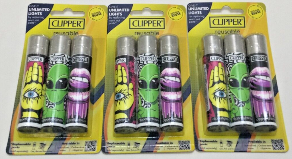 Clipper Refillable Lighters / Psycho Theme / 9 Total Lighters / 