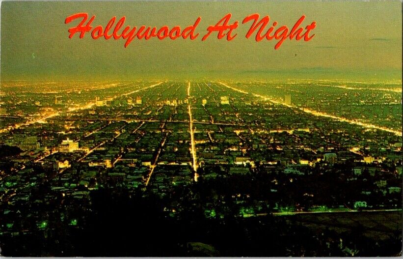Postcard Aerial View Hollywood at Night Griffith Observatory CA California B-636
