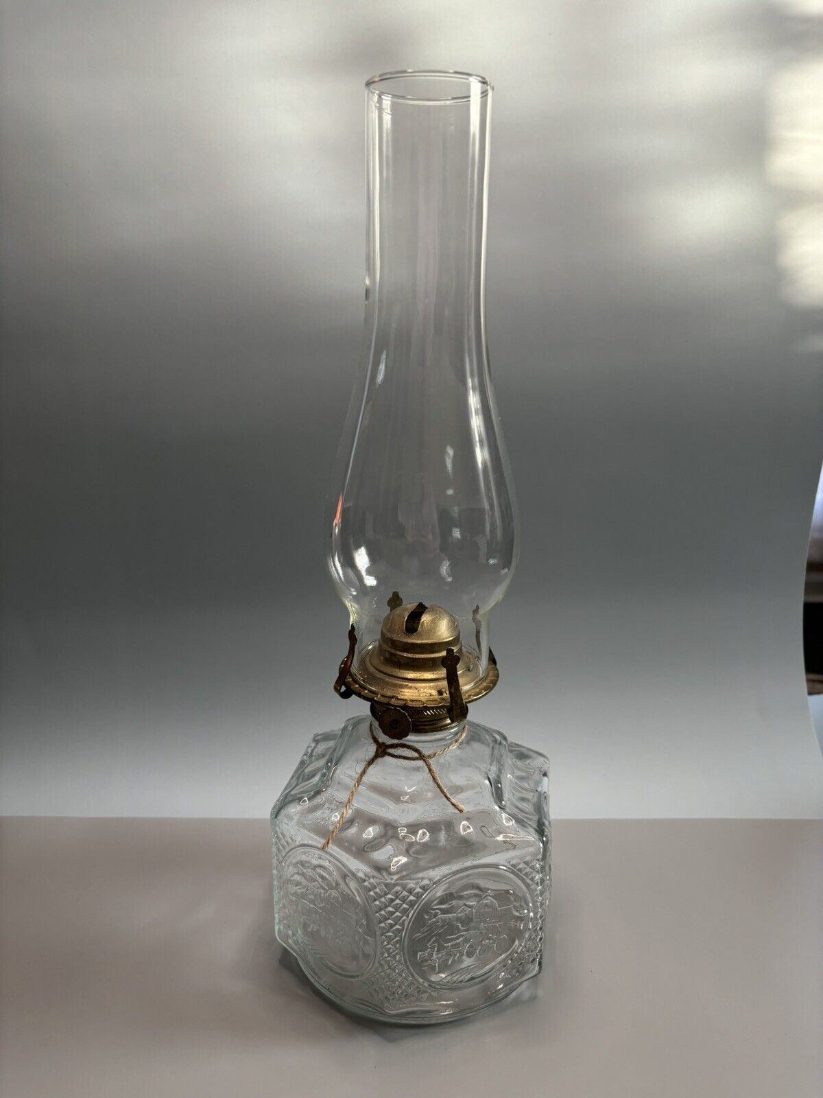 Old Fashioned Kerosene Lamp With Shade -Antique, Clear Glass With Horse & Buggy