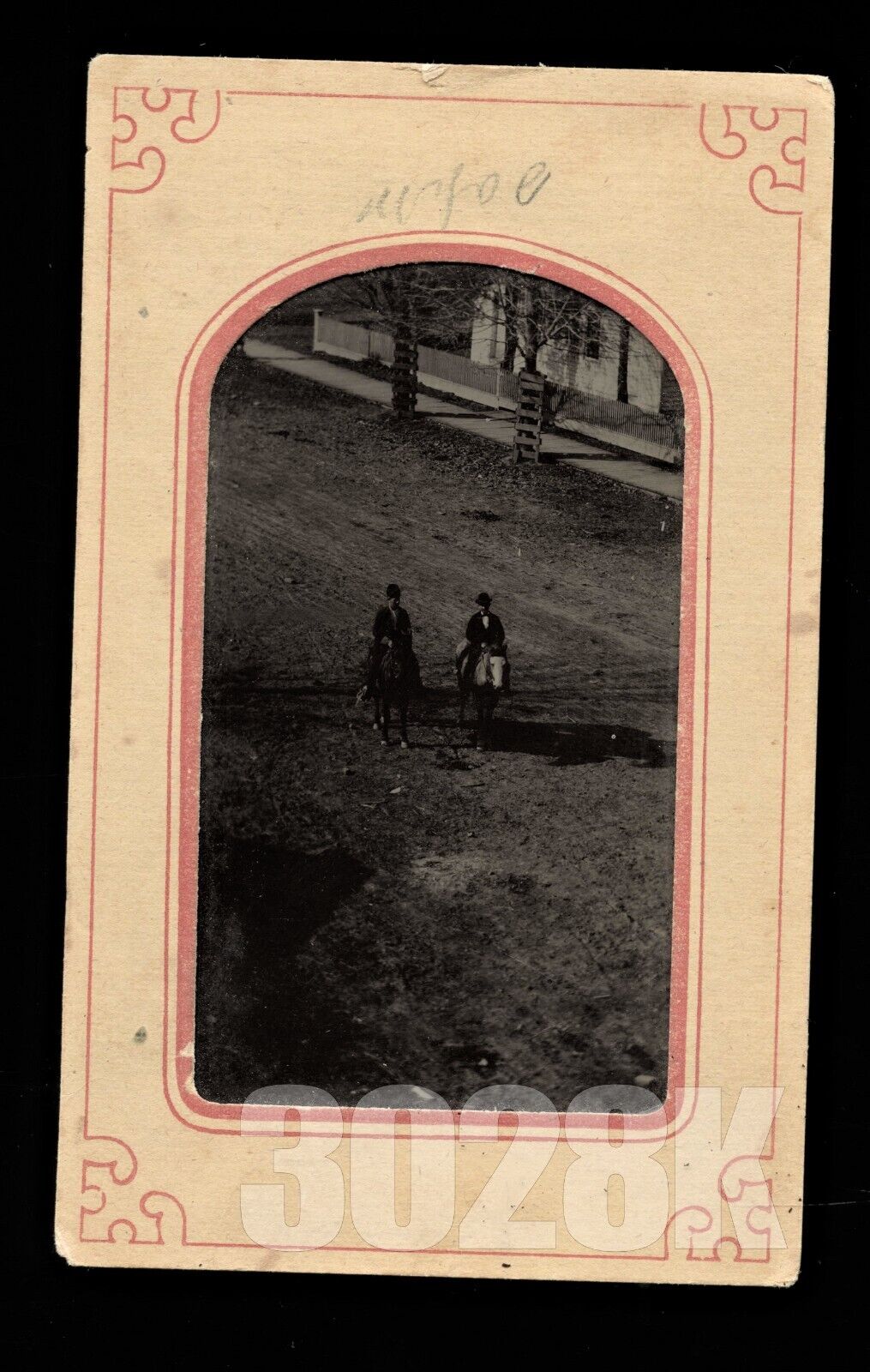 outdoor street scene wide view of people on horses 1870s tintype photo