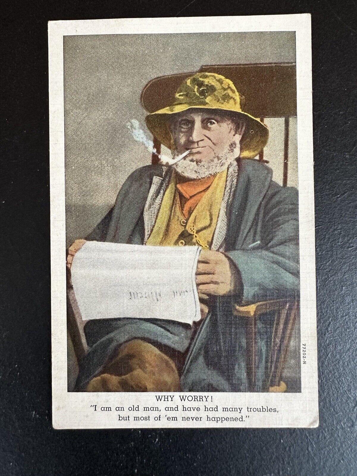 Postcard Old Man Reading Newspaper Sitting In Chair c1941 Quote About Worry R240