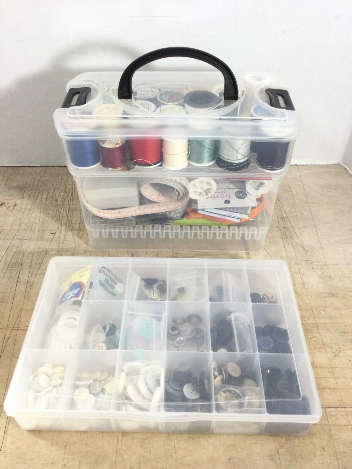 Large Vintage Lot Sewing Thread, Notions, Buttons, Needles, Shears, and Case