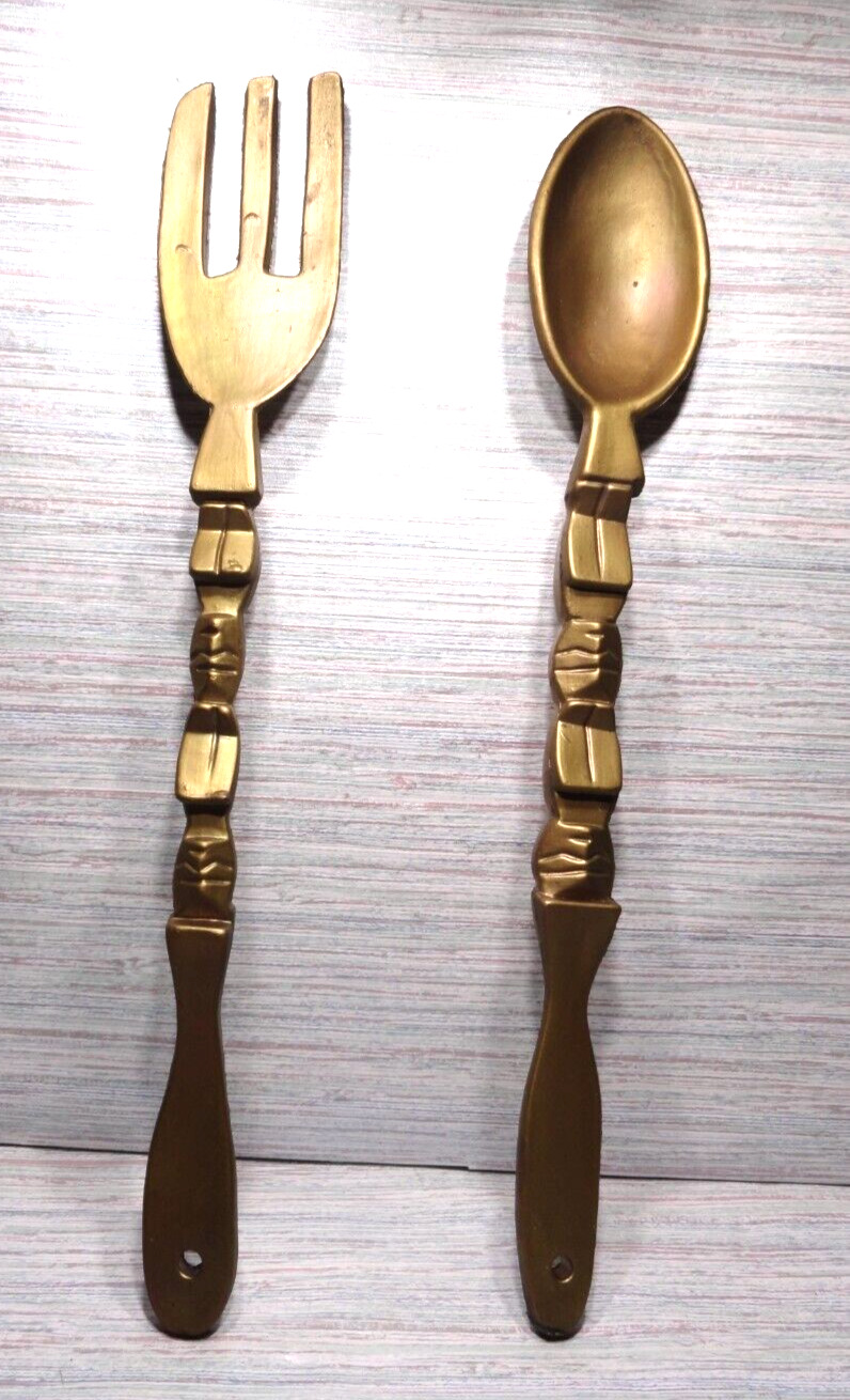 Vtg JUMBO 28 1/2” Wood Totem Tiki Gods MCM Carved Fork Spoon Set Decor Gold