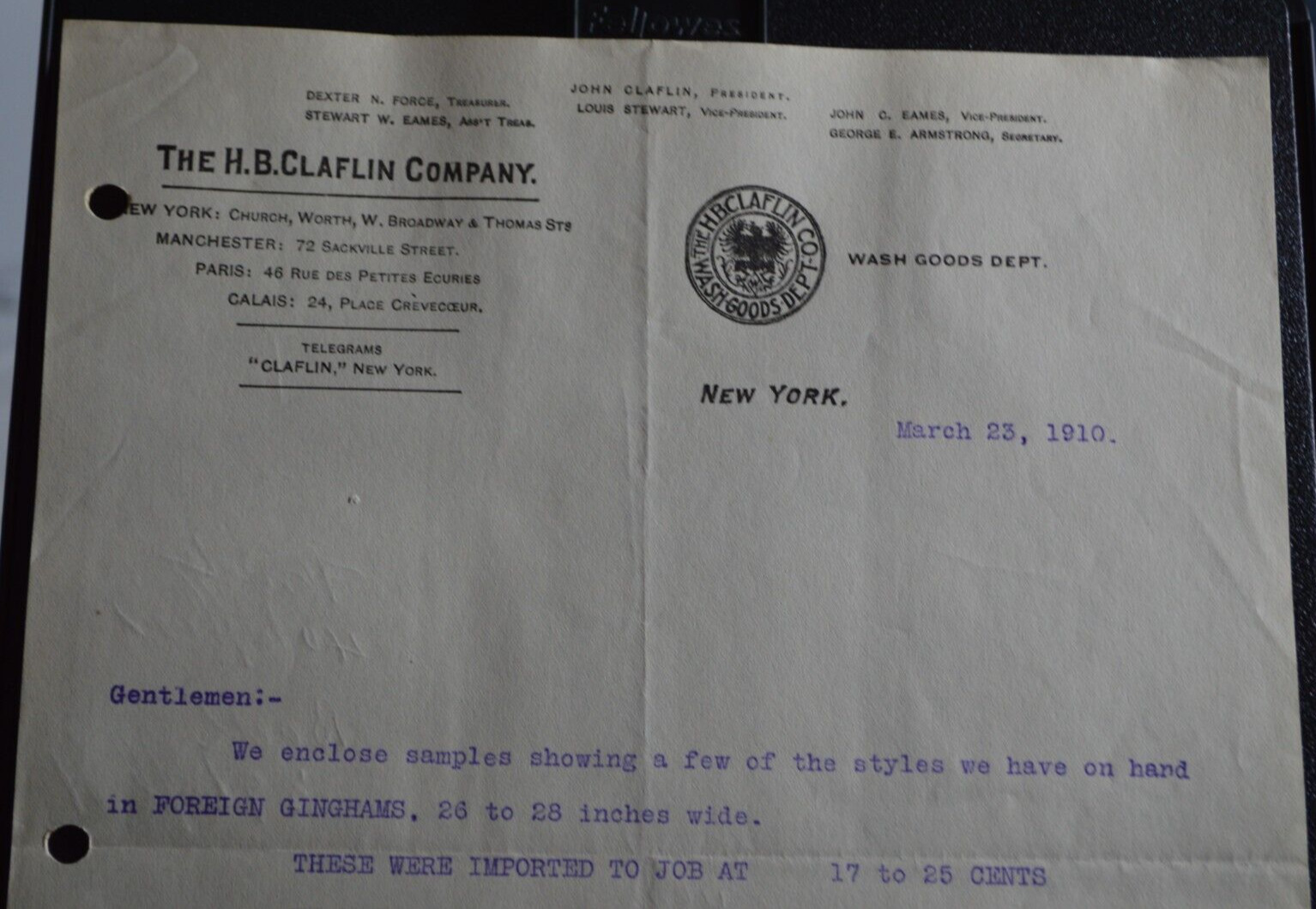 NY 1910 H.B. Claflin Company Wash Goods Department Typed Letter Gingham Samples