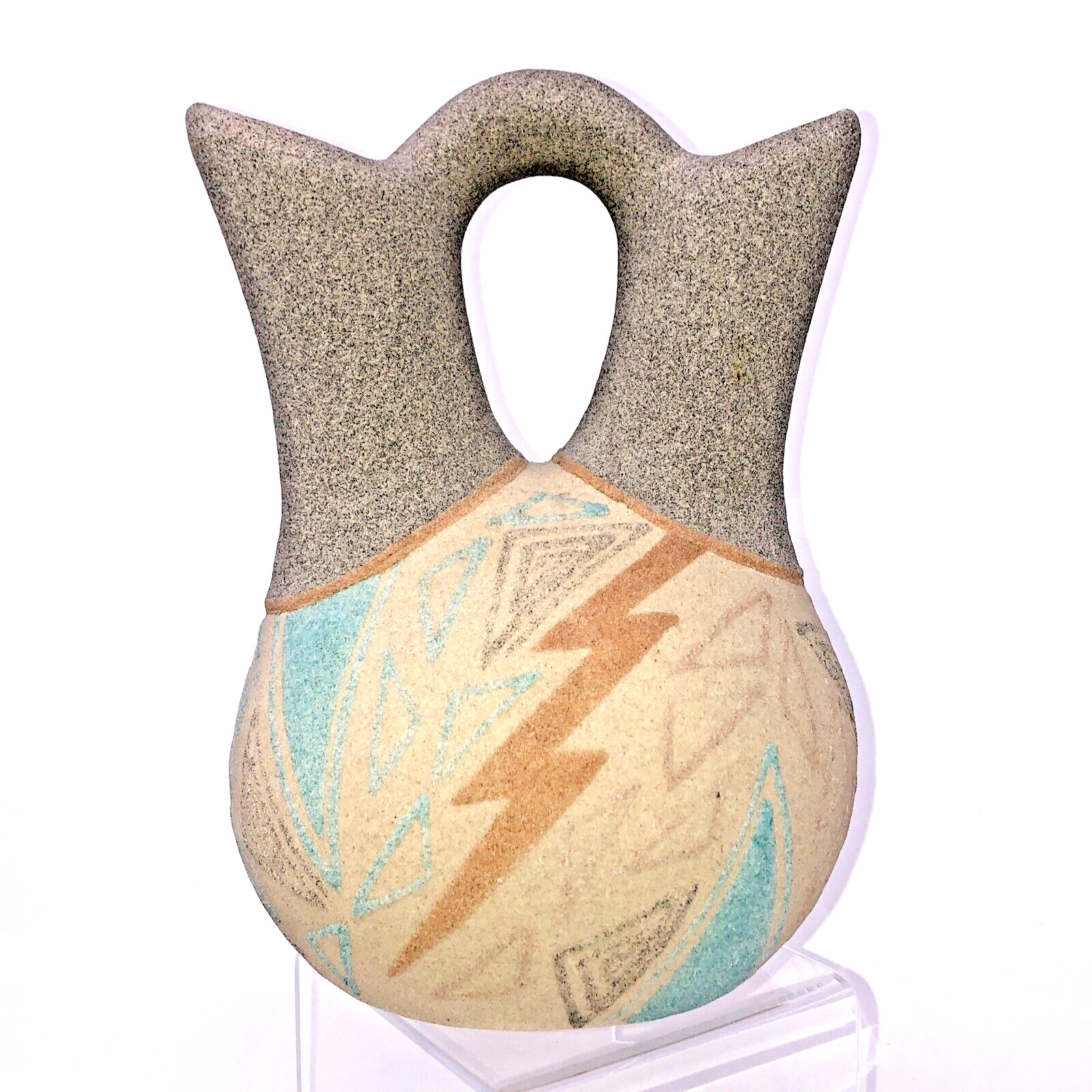 Native American Wedding Vase Double Spout Jug. Sand Cast Abstract 90s Pastel 9