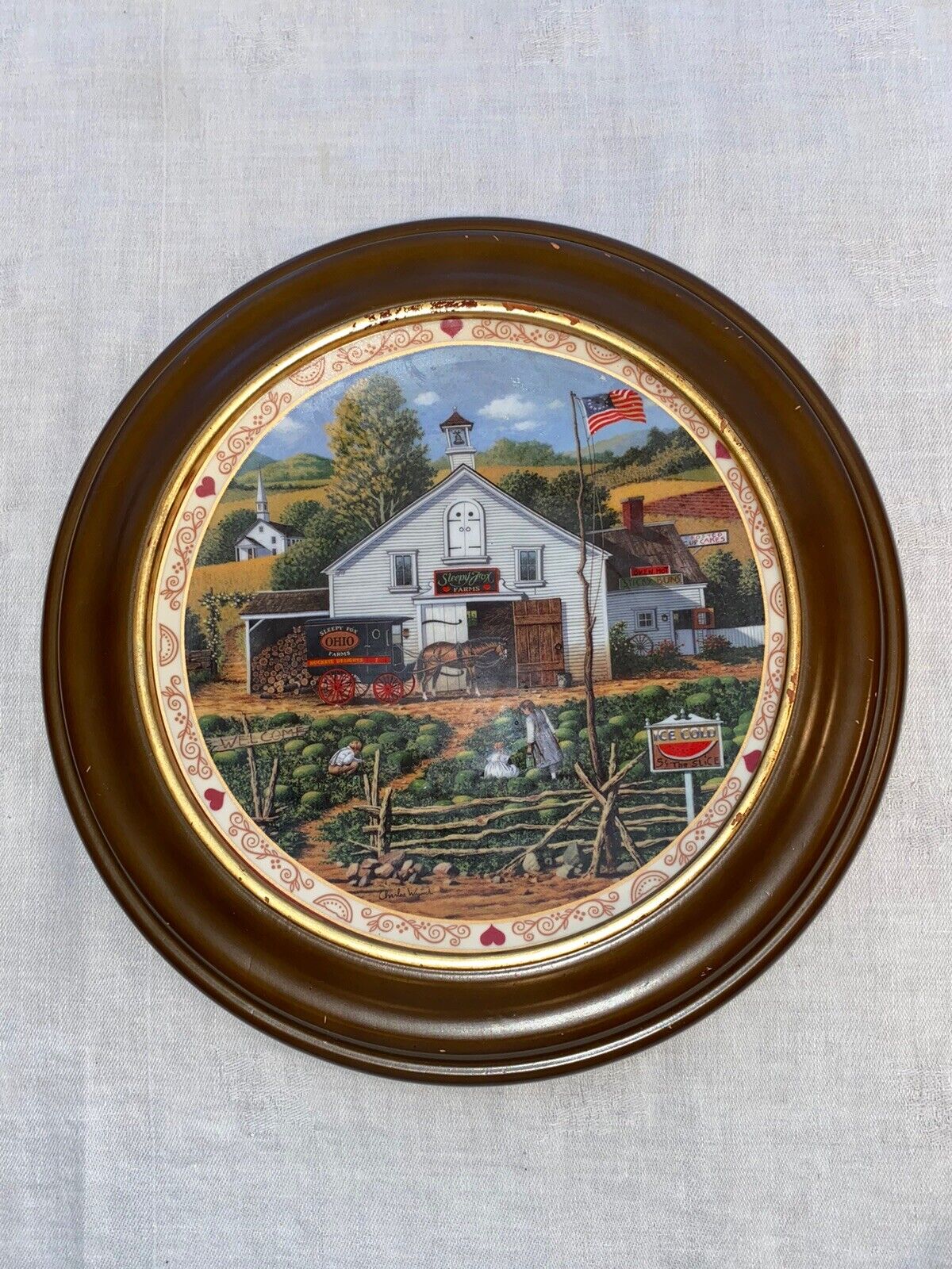 3 Charles Wysocki Collector’s Plates Wood Frame 8 1/4\