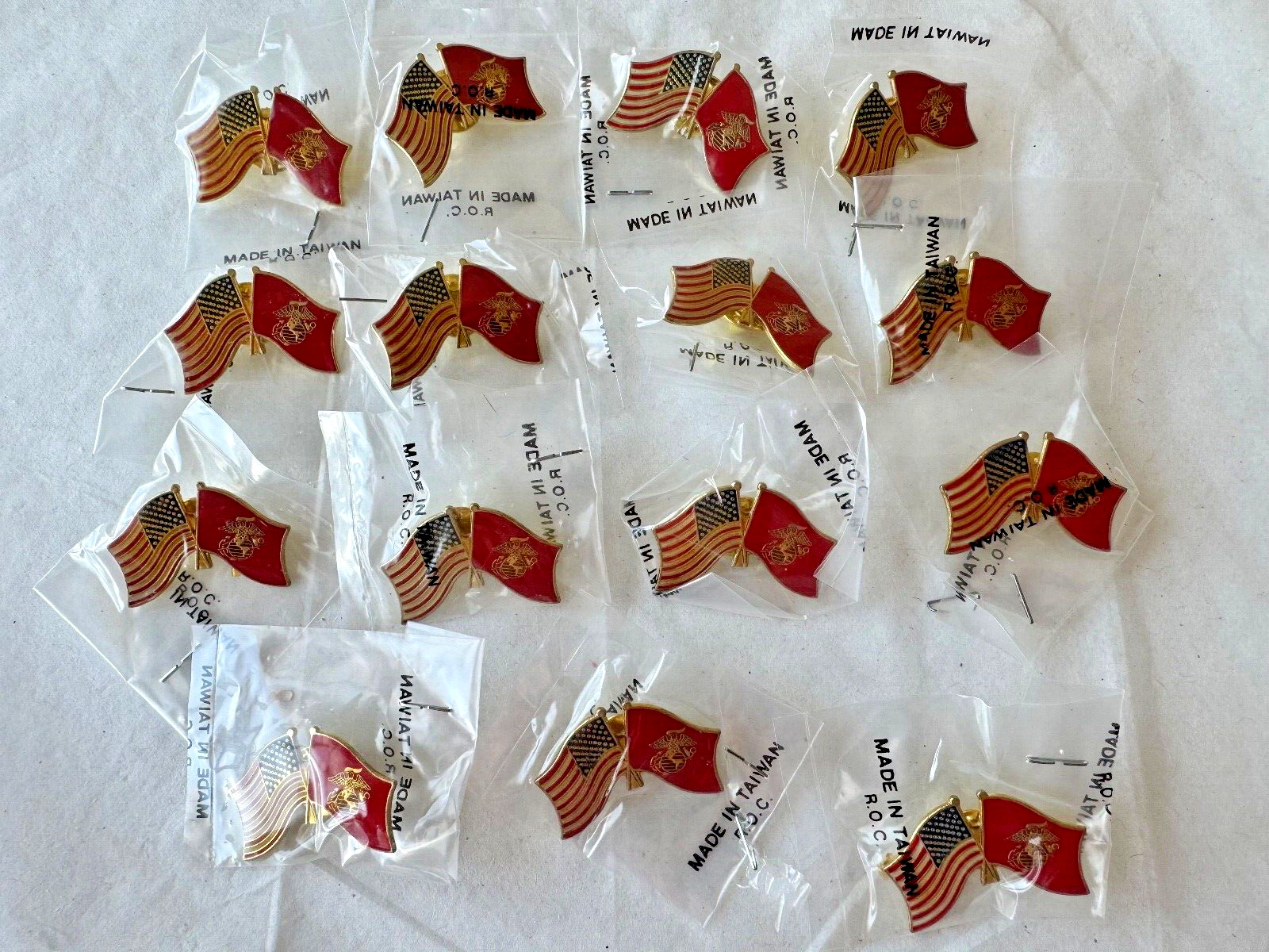 Lot Of 15 New In Packeets Marine & USA Crossed Flags Lapel Pins.  (AP4A)