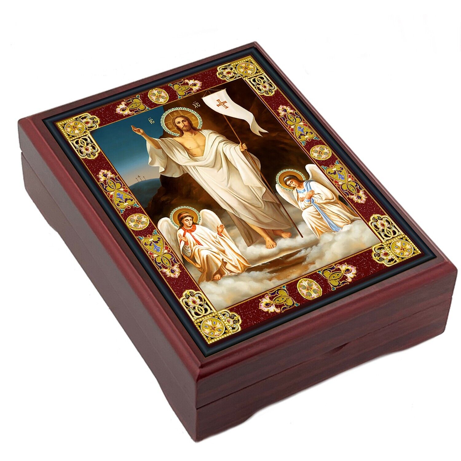 Jesus Christ Resurrection Rosary Icon Box With Angels Icon Wooden Religious gift