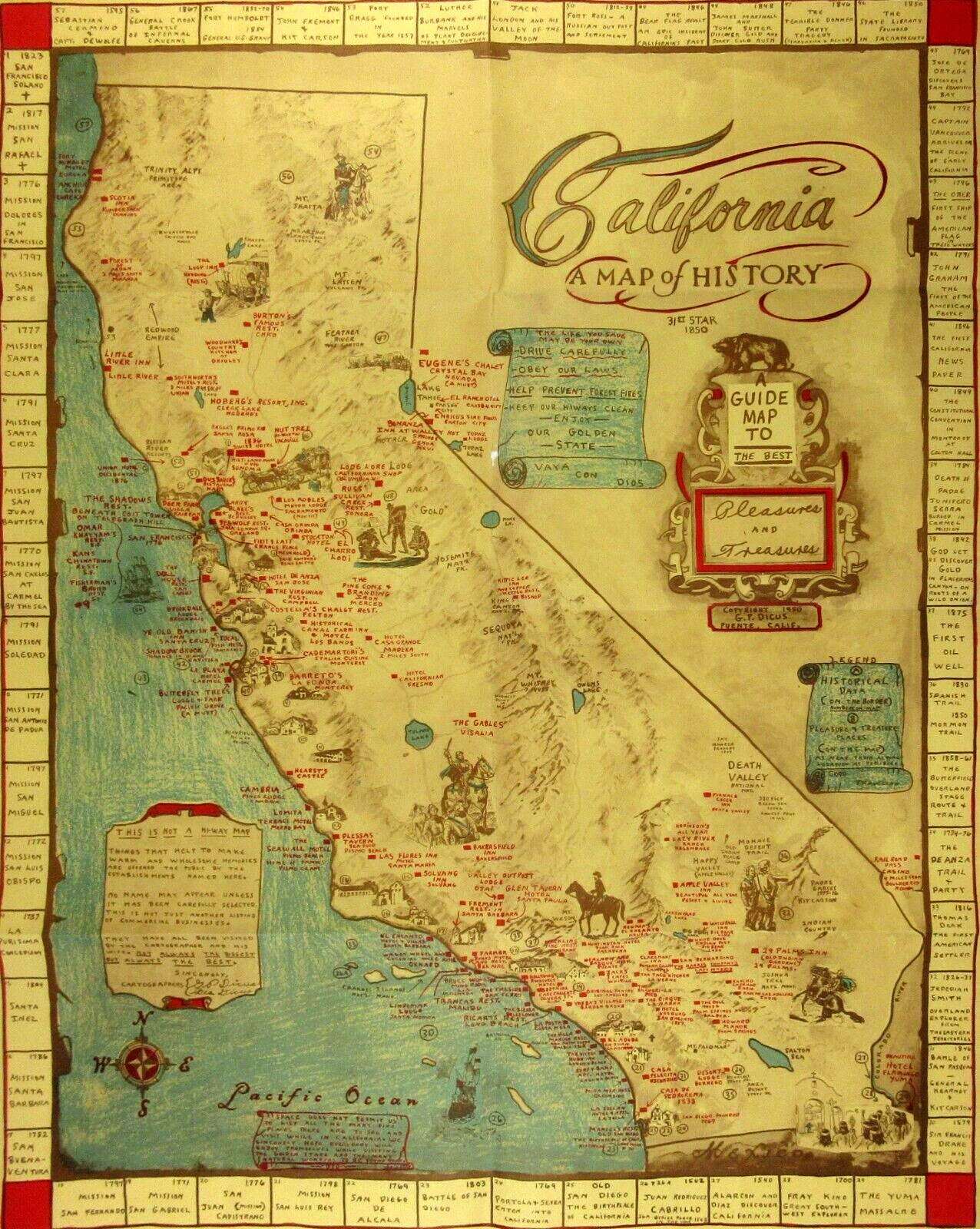 California Illustrated Map of History Missions Timeline Gold Rush GP Dicus 1950