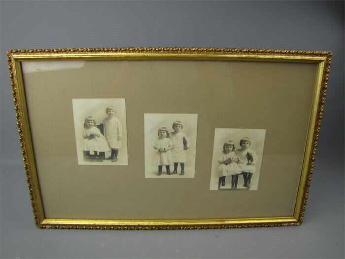Antique 1913 Framed Triple Studio Photographs Display Toddlers w/ Toys