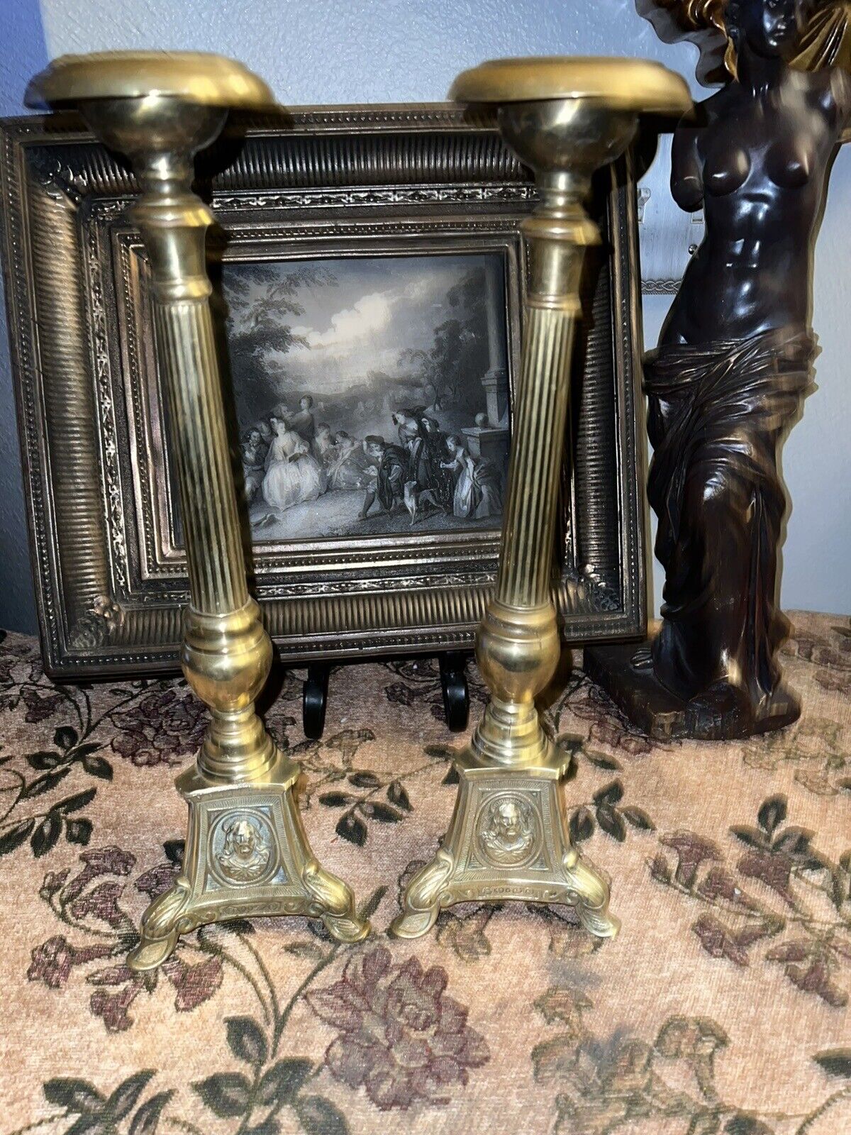 Pair of Vintage Antique Victorian Style Altar Candlesticks with Figural Bases