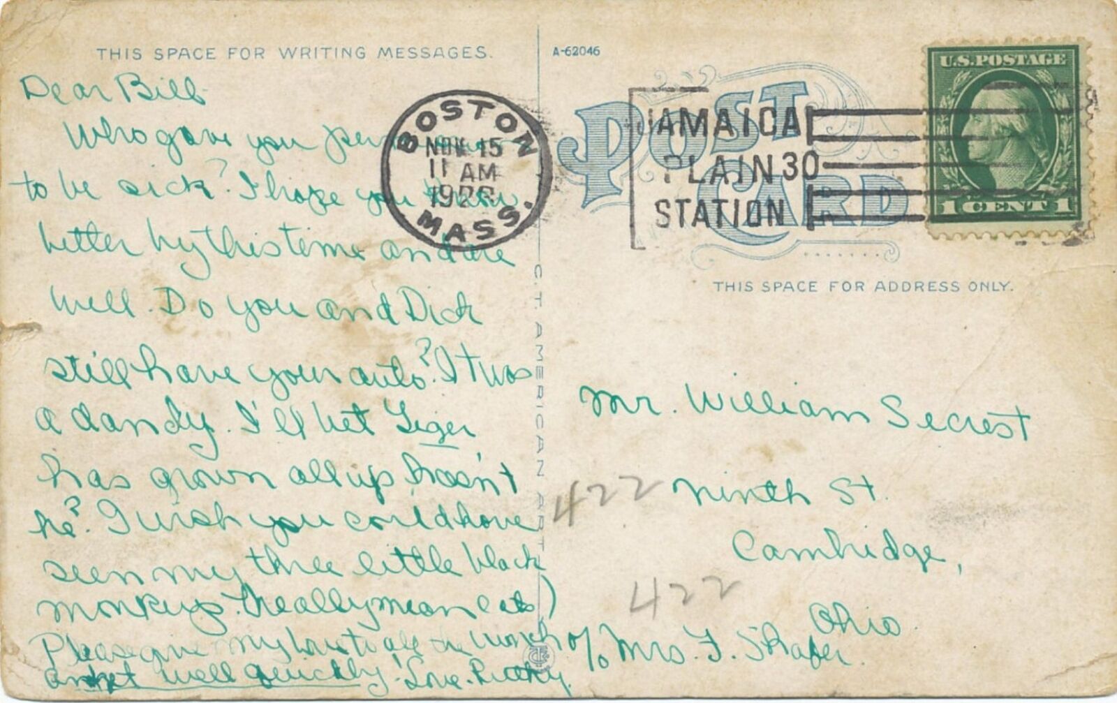 Boston MASS 1923 JAMAICA PLAIN 30 STATION Cancel/Postcard - State House