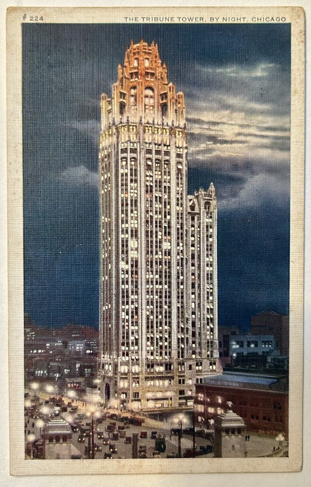 Tribune Tower By Night. Chicago Illinois. WGN Radio Stations. Vintage Postcard
