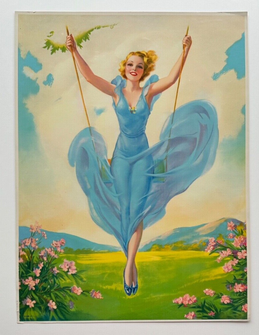 Glamour Girl on a Swing, Vintage Jules Erbit 15x20 Pastel Pin-Up Poster Print