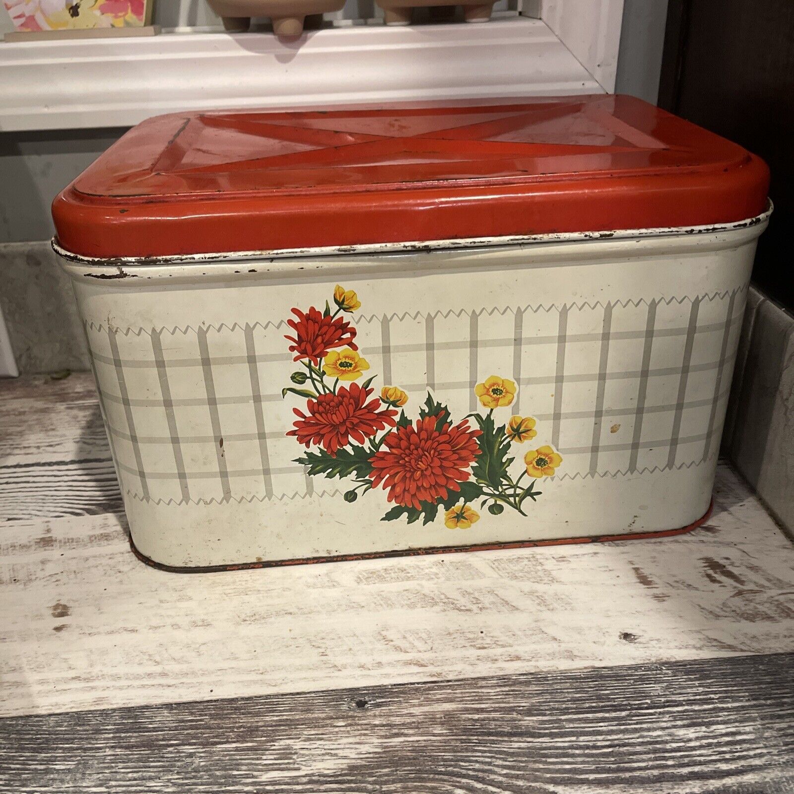 Antique Vintage Kitchen Metal Bread Box with Red Lid