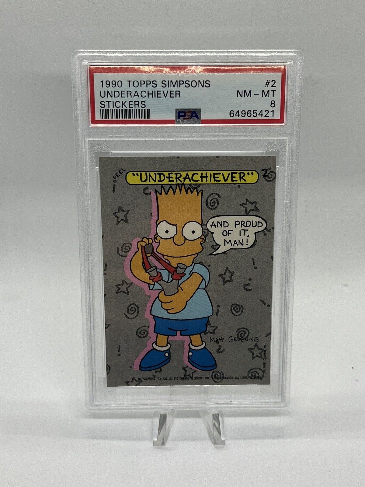 1990 TOPPS THE SIMPSONS STICKERS #2 BART SIMPSON UNDERACHIEVER PSA 8 NM-MT