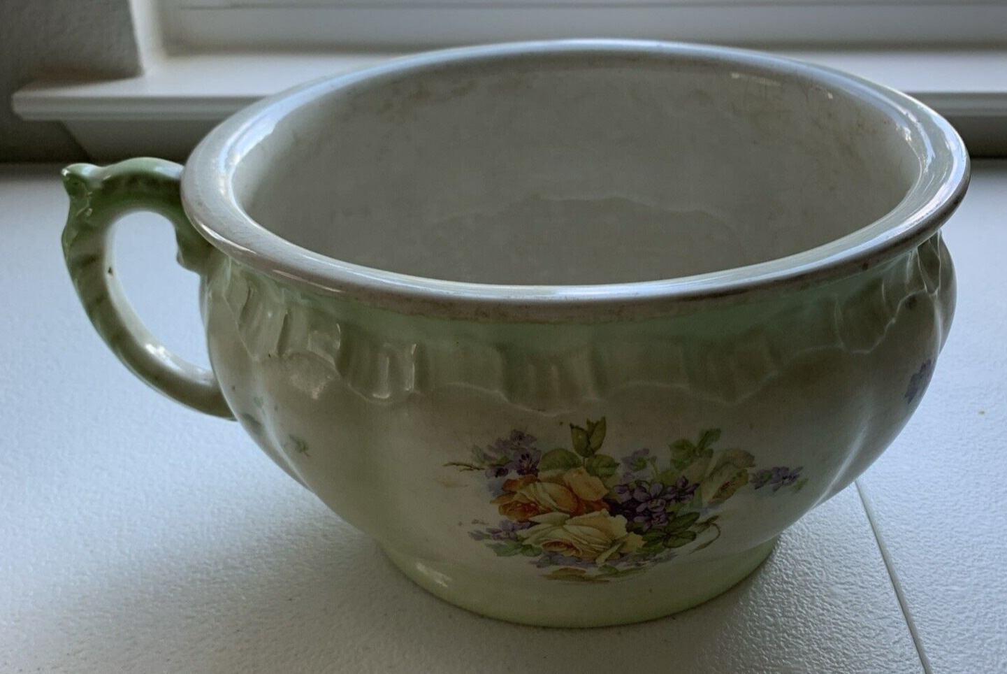 Antique English Porcelain Chamber Pot w/o Lid Light green w/multicolored flowers