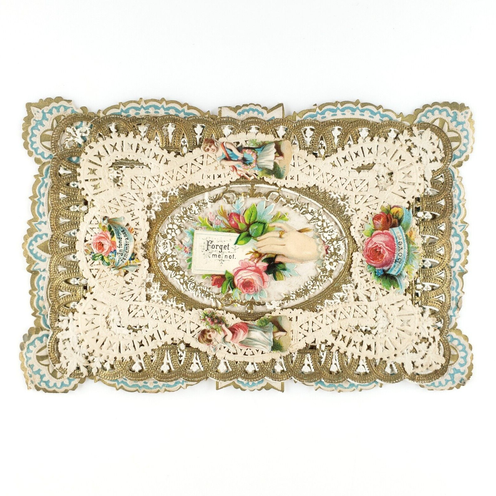 Forget Me Not Flowers Valentine Card c1895 Paper Lace Floral Rose Love Art B439