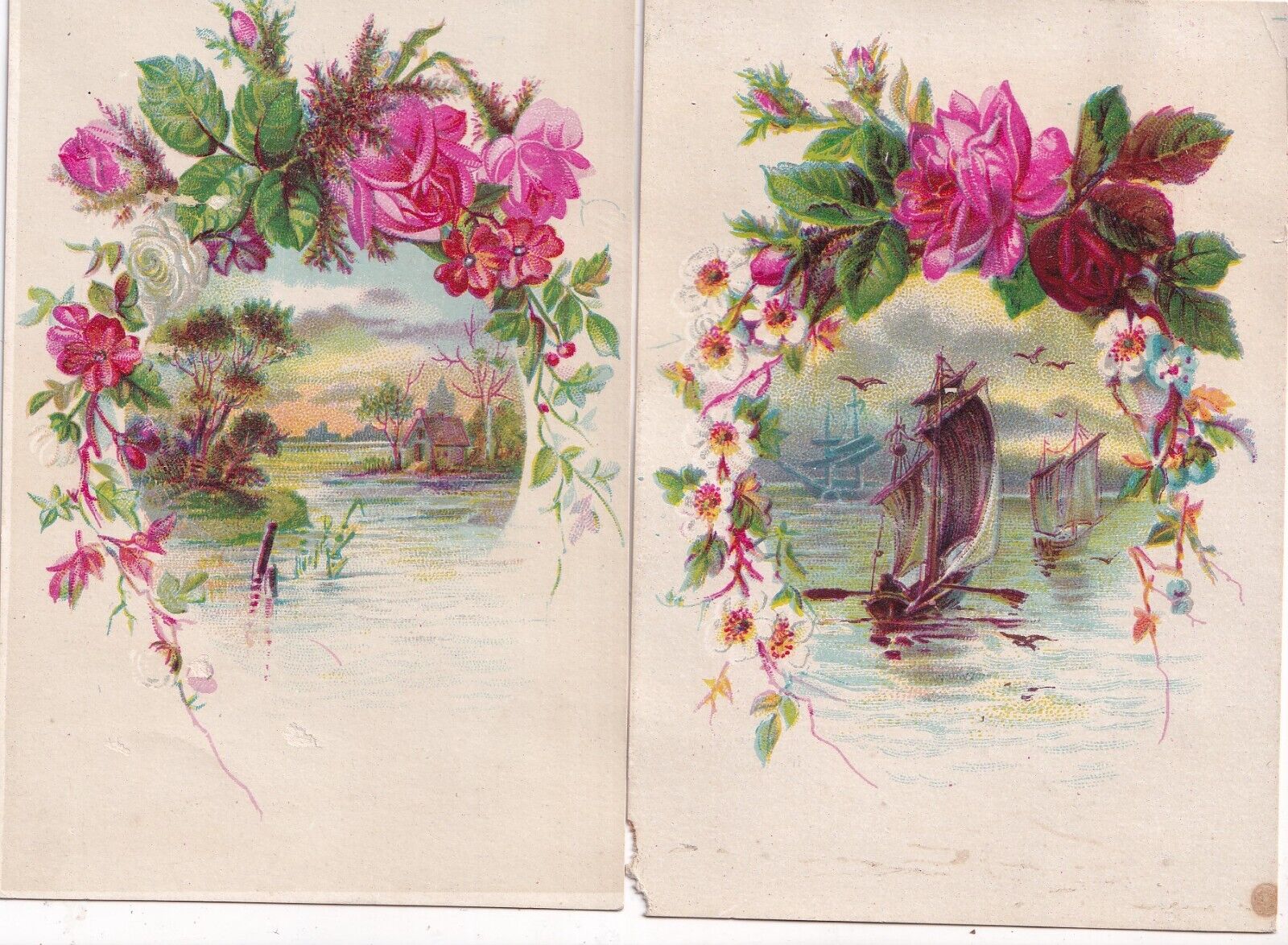 Antique Victorian Card Lot -Pink Roses River Ocean Scene 3x4.5 inches