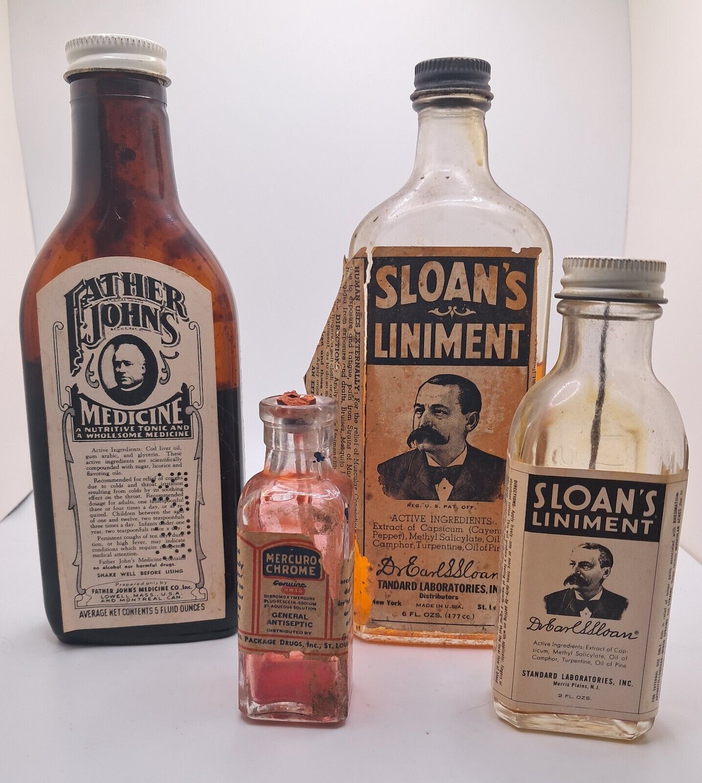 Lot Of 4 Old Bottles - Sloans Liniment, Father Johns, Mercurochrome