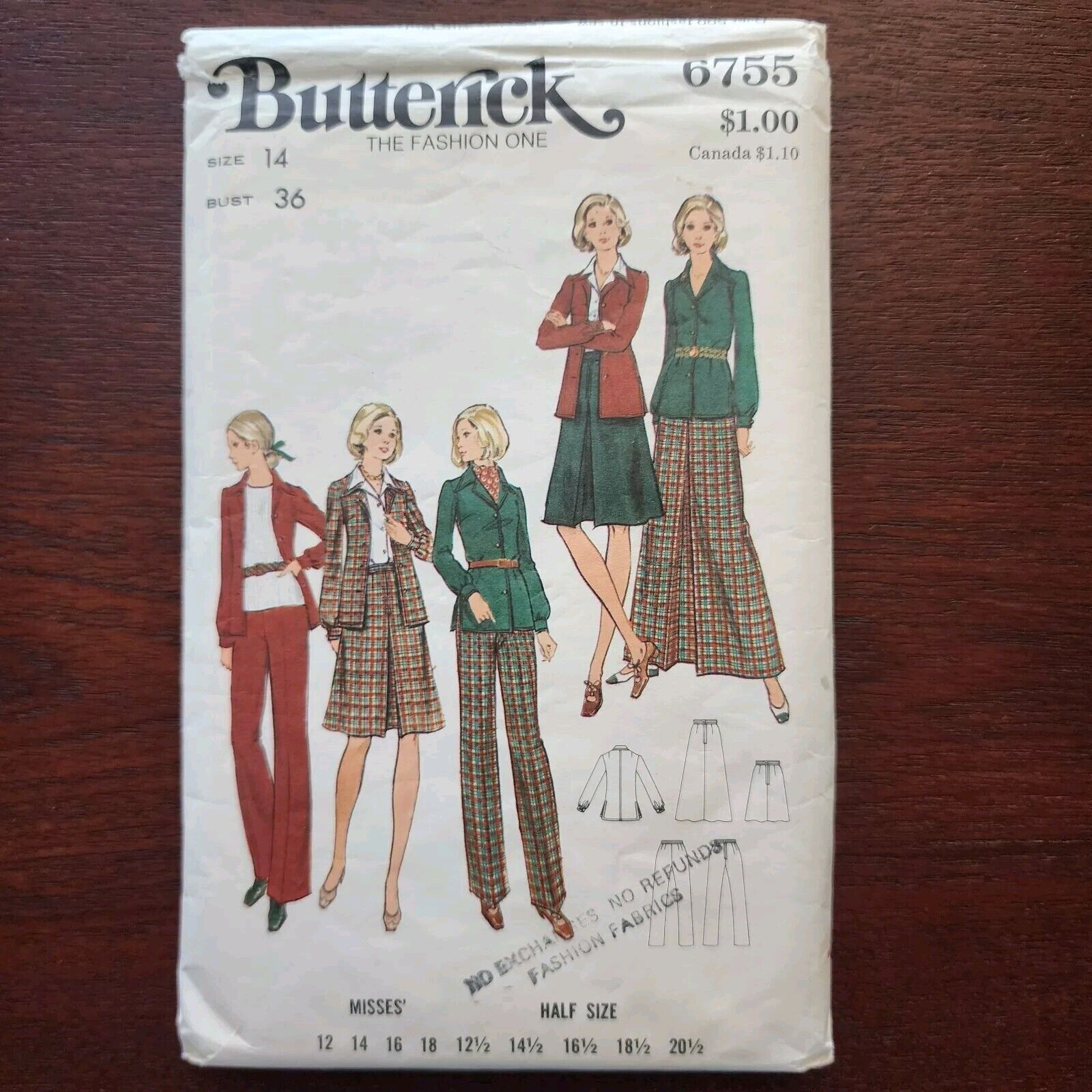 Butterick 6755 vintage 70s shirt jacket with convertible collar, A-line skirt...