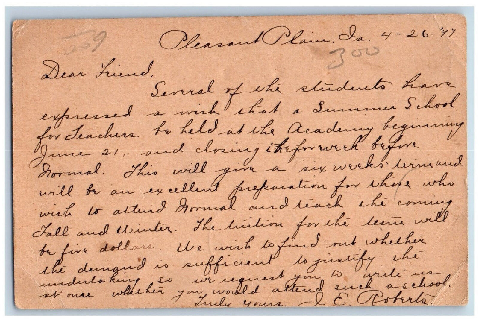 Plesant Plain Iowa IA Postal Card Summer School for Teachers Message 1897 Posted