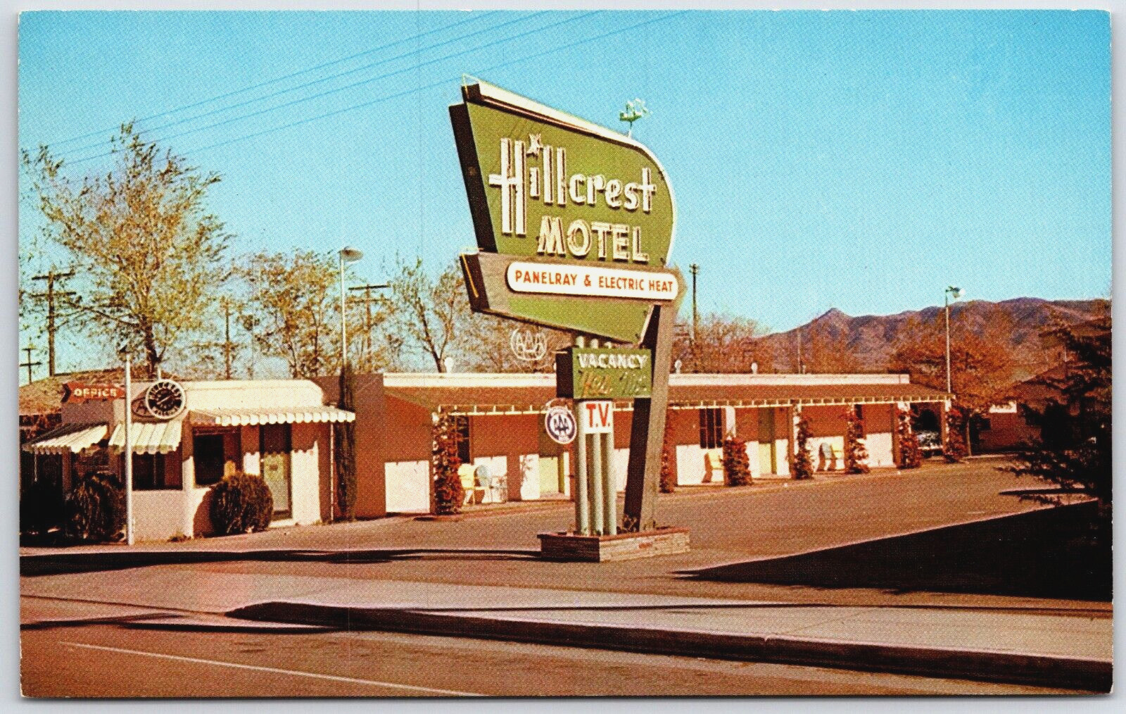 AZ Kingham ROUTE 66 Hillcrest Motel & Sign Panelray electric heat postcard